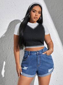 SHEIN EZwear 大碼高腰破洞卷邊牛仔短褲 - 中等水洗藍 - 查看 6