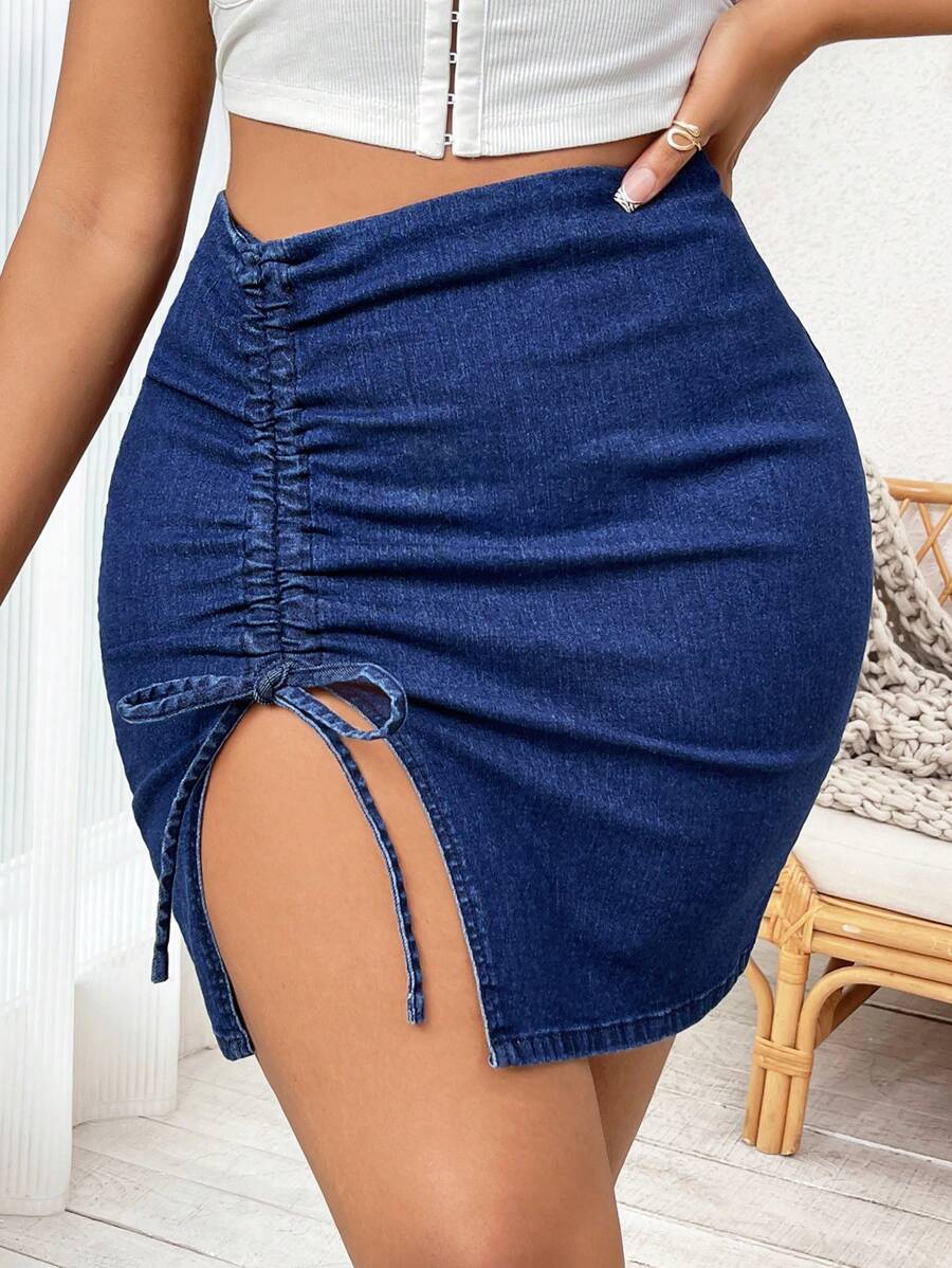 SHEIN SXY Plus Drawstring Split Hem Denim Skirt - Dark Wash - View 1