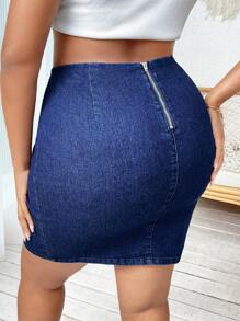 SHEIN SXY Plus Drawstring Split Hem Denim Skirt - Dark Wash - View 2