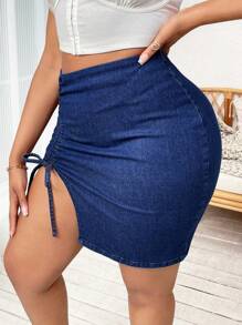 SHEIN SXY Plus Drawstring Split Hem Denim Skirt - Dark Wash - View 3
