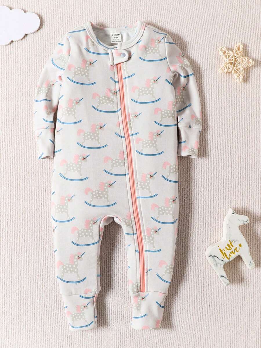 寶寶女孩卡通圖形拉鏈密身睡衣連腳跟 - 灰色 - 查看 1