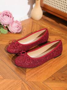 Women's Slip-Resistant Bow Round Toe Ballet Flats, Elegant Glitter Solid Color Casual Shoes For Four Seasons