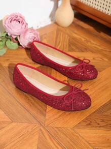 Women's Slip-Resistant Bow Round Toe Ballet Flats, Elegant Glitter Solid Color Casual Shoes For Four Seasons