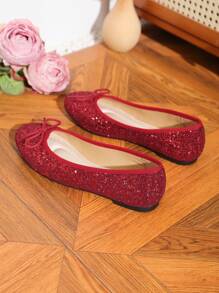 Women's Slip-Resistant Bow Round Toe Ballet Flats, Elegant Glitter Solid Color Casual Shoes For Four Seasons