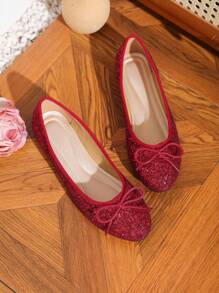 Women's Slip-Resistant Bow Round Toe Ballet Flats, Elegant Glitter Solid Color Casual Shoes For Four Seasons