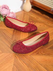 Women's Slip-Resistant Bow Round Toe Ballet Flats, Elegant Glitter Solid Color Casual Shoes For Four Seasons