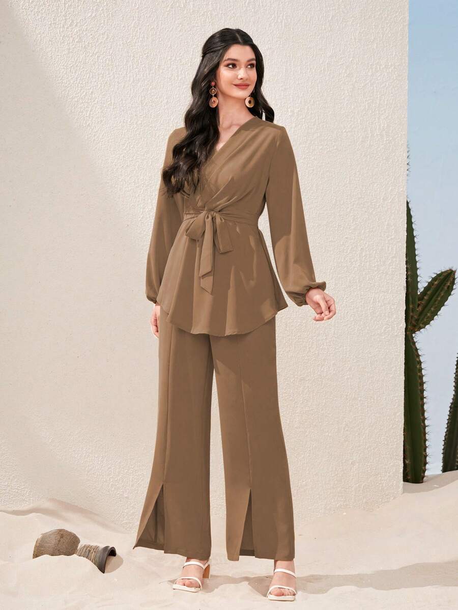 Graceveil Lantern Sleeve Belted Top & Split Hem Pants 2 Piece Set Modest Fall Cloth For Women - Camel - View 1