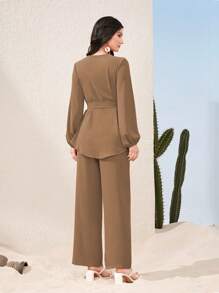 Graceveil Lantern Sleeve Belted Top & Split Hem Pants 2 Piece Set Modest Fall Cloth For Women - Camel - View 2