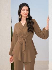 Graceveil Lantern Sleeve Belted Top & Split Hem Pants 2 Piece Set Modest Fall Cloth For Women - Camel - View 3