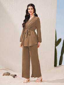 Graceveil Lantern Sleeve Belted Top & Split Hem Pants 2 Piece Set Modest Fall Cloth For Women - Camel - View 4
