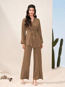 Graceveil Lantern Sleeve Belted Top & Split Hem Pants 2 Piece Set Modest Fall Cloth For Women - Camel - View 6