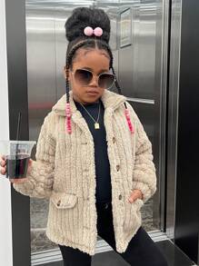 SHEIN 女大童翻蓋細節按扣前絨毛外套 - 杏色 - 查看 1