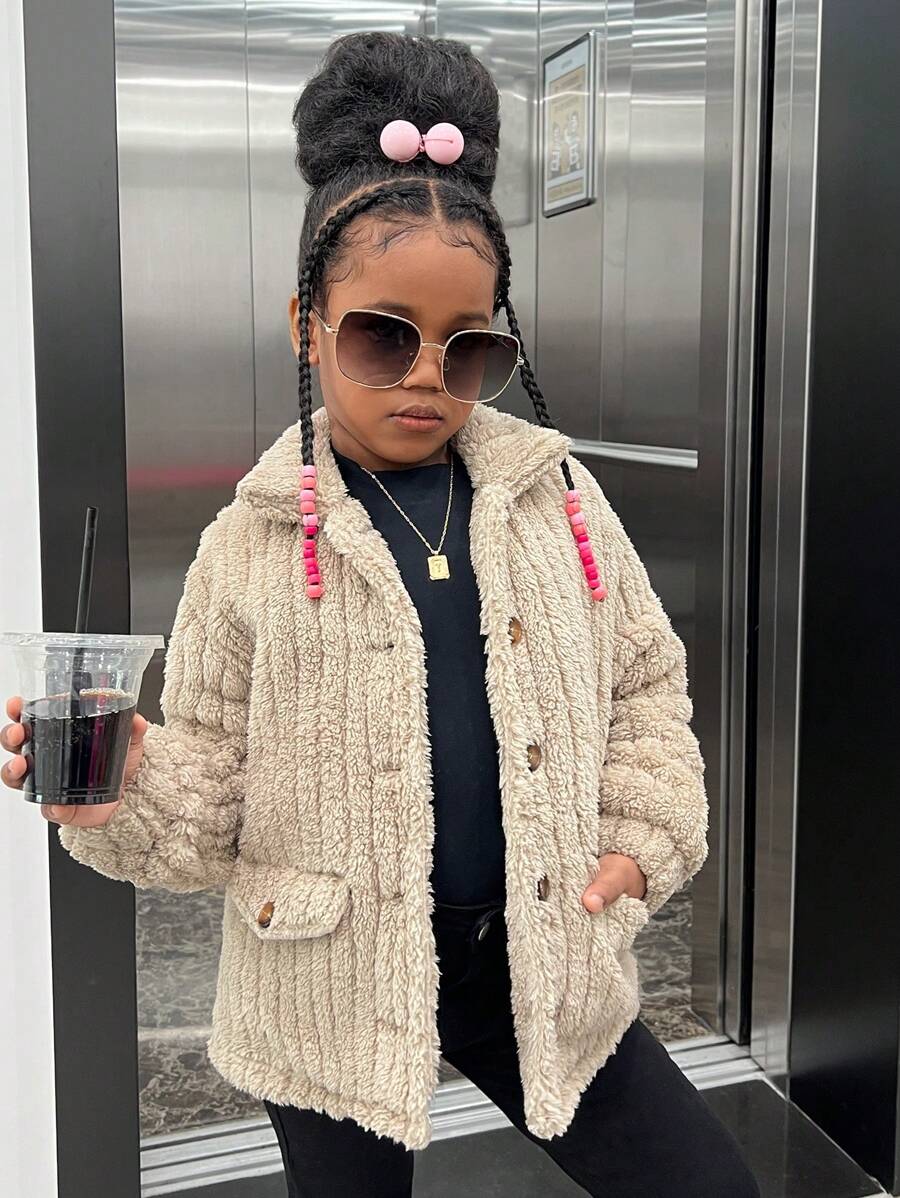 SHEIN 女大童翻蓋細節按扣前絨毛外套 - 杏色 - 查看 1