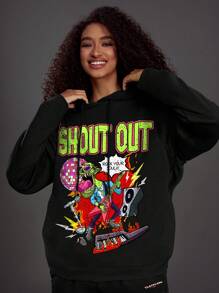 SHEIN Coolane 字母和卡通圖案落肩袖抽繩連帽衫 - 黑色 - 查看 1