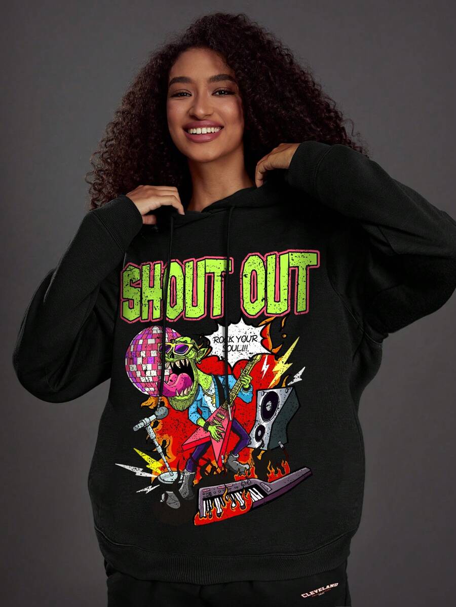 SHEIN Coolane 字母和卡通圖案落肩袖抽繩連帽衫 - 黑色 - 查看 1