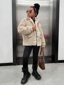 SHEIN 女大童翻蓋細節按扣前絨毛外套 - 杏色 - 查看 5