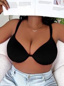 SHEIN Swim Curve Summer Beach Plus Solid Push Up Bikini Top - Black - View 1