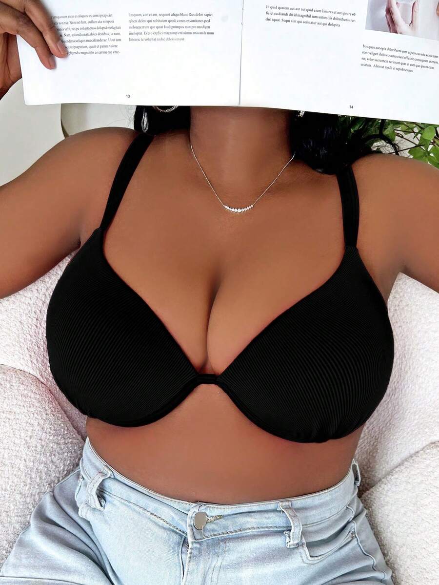 SHEIN Swim Curve Summer Beach Plus Solid Push Up Bikini Top - Black - View 1