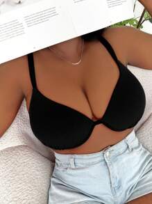 SHEIN Swim Curve Summer Beach Plus Solid Push Up Bikini Top - Black - View 3