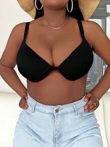 SHEIN Swim Curve Summer Beach Plus Solid Push Up Bikini Top - Black - View 4