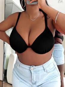 SHEIN Swim Curve Summer Beach Plus Solid Push Up Bikini Top - Black - View 5