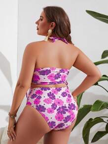 大碼花卉印花束側領口比基尼套裝，適用於夏季海灘 - 彩色 - 查看 2