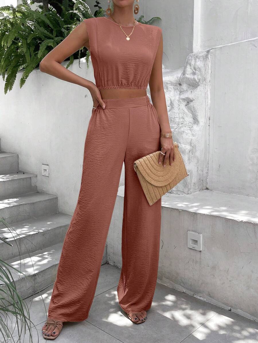 SHEIN Frenchy unicolor Top tank & Pantalones de pierna ancha - Albaricoque - Ver 1