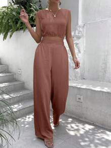 SHEIN Frenchy unicolor Top tank & Pantalones de pierna ancha - Albaricoque - Ver 3