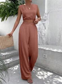 SHEIN Frenchy unicolor Top tank & Pantalones de pierna ancha - Albaricoque - Ver 5