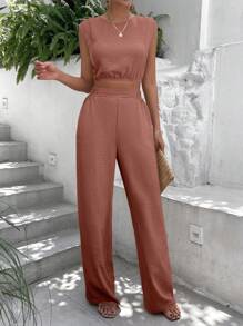 SHEIN Frenchy unicolor Top tank & Pantalones de pierna ancha - Albaricoque - Ver 7