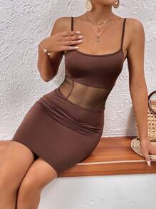 SHEIN Privé Lưới tương phản Chèn Váy Cami Bodycon - Cà phê nâu - Xem 1
