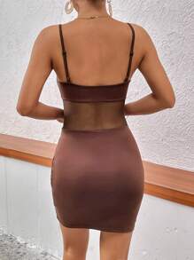 SHEIN Privé Lưới tương phản Chèn Váy Cami Bodycon - Cà phê nâu - Xem 2
