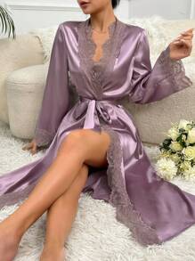 Bata de satén con ribete de encaje de pestañas y cinturón, ropa de estar por casa de lujo, otoño - Púrpura polvoriento - Ver 7