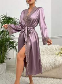 Bata de satén con ribete de encaje de pestañas y cinturón, ropa de estar por casa de lujo, otoño - Púrpura polvoriento - Ver 3