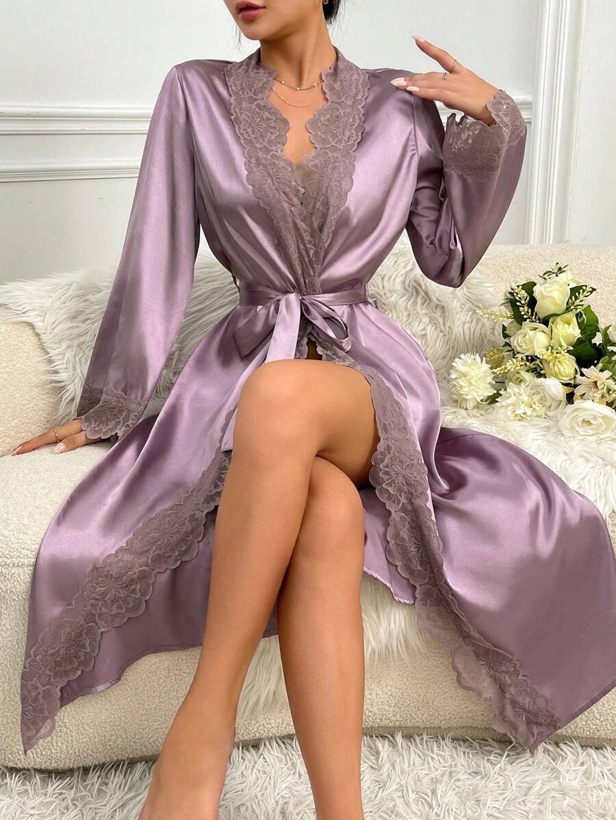 Bata de satén con ribete de encaje de pestañas y cinturón, ropa de estar por casa de lujo, otoño - Púrpura polvoriento - Ver 1