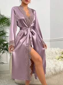 Bata de satén con ribete de encaje de pestañas y cinturón, ropa de estar por casa de lujo, otoño - Púrpura polvoriento - Ver 6