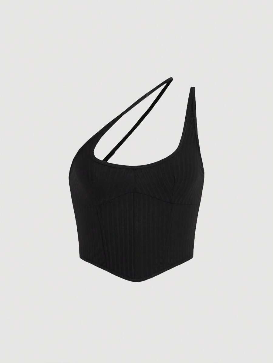 SHEIN MOD Một bờ vai Viền khăn tay Top Cây trồng - màu đen - Xem 1