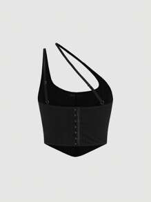 SHEIN MOD Một bờ vai Viền khăn tay Top Cây trồng - màu đen - Xem 2