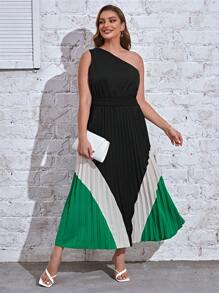 SHEIN Privé Hơn Khối màu Một bờ vai Viền xếp Đầm - màu đen - Xem 3