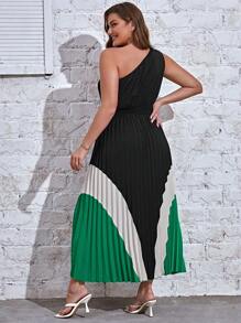 SHEIN Privé Hơn Khối màu Một bờ vai Viền xếp Đầm - màu đen - Xem 2