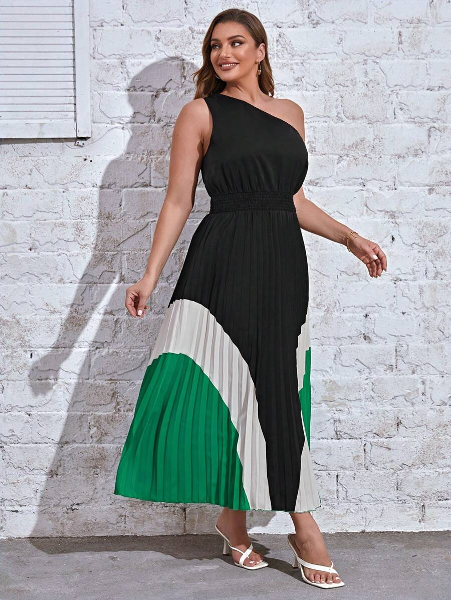 SHEIN Privé Hơn Khối màu Một bờ vai Viền xếp Đầm - màu đen - Xem 1