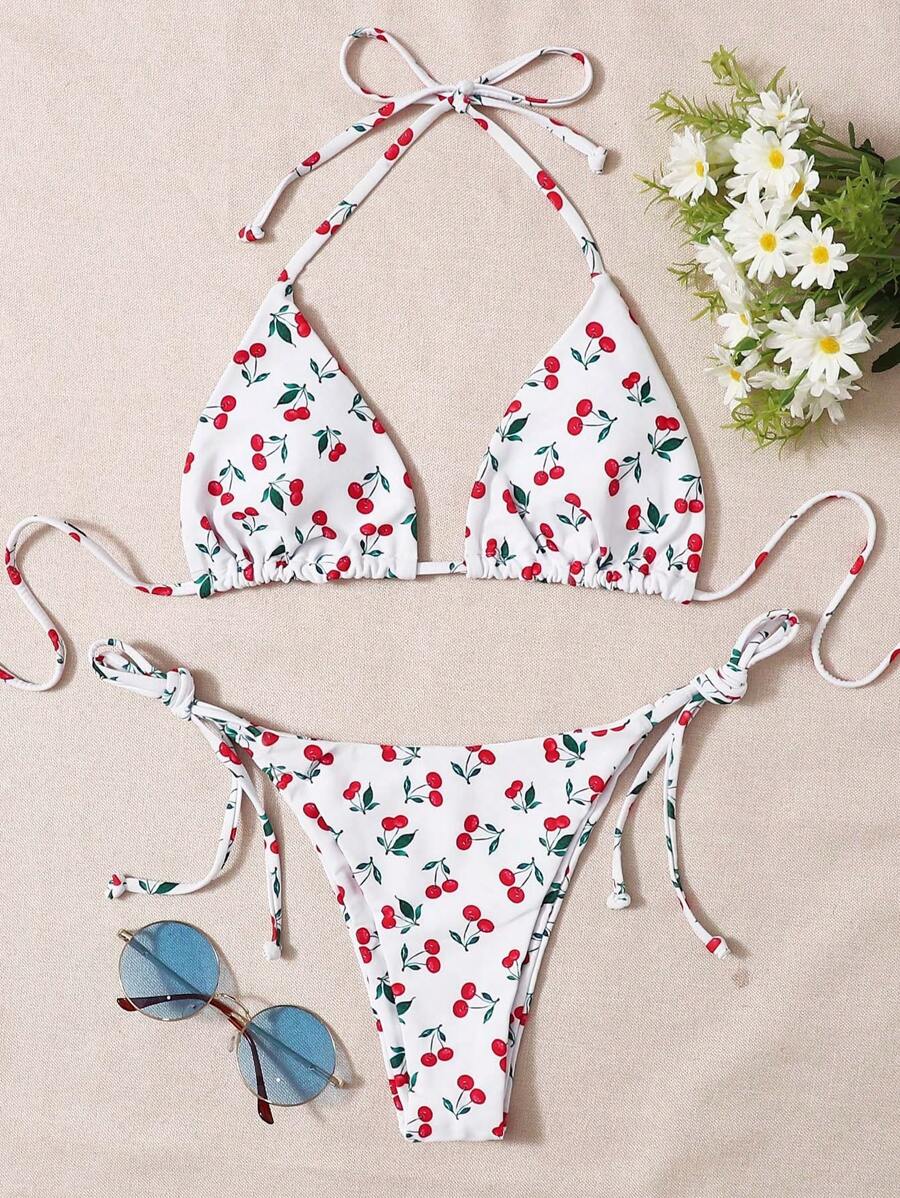 Swim Mod Summer Beach Cherry Print Triangle Tie Side Bikini Set - Multicolor - View 1