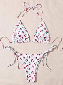 Swim Mod Summer Beach Cherry Print Triangle Tie Side Bikini Set - Multicolor - View 3