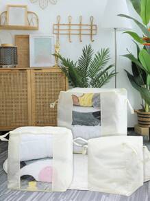 1pc Solid Foldable Clothes Storage Bag, Beige Polyester Quilt Bag, For Home - Beige - View 1