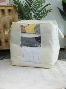 1pc Solid Foldable Clothes Storage Bag, Beige Polyester Quilt Bag, For Home - Beige - View 2