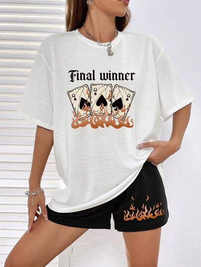 SHEIN EZwear 紙牌和字母圖案落肩T恤和短褲