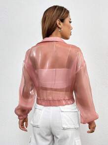 SHEIN Essnce Chi tiết về Flap Viền kéo ra Thả vai Lưới Áo khoác Không có áo Top Cami - Bụi hồng - Xem 2
