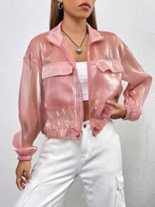 SHEIN Essnce Chi tiết về Flap Viền kéo ra Thả vai Lưới Áo khoác Không có áo Top Cami - Bụi hồng - Xem 3