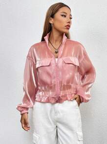 SHEIN Essnce Chi tiết về Flap Viền kéo ra Thả vai Lưới Áo khoác Không có áo Top Cami - Bụi hồng - Xem 4