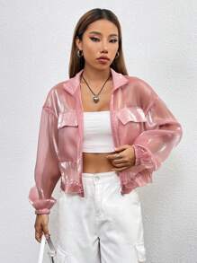 SHEIN Essnce Chi tiết về Flap Viền kéo ra Thả vai Lưới Áo khoác Không có áo Top Cami - Bụi hồng - Xem 5